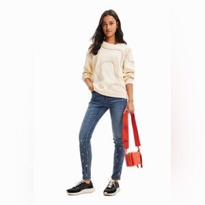 NWT Desigual Size L Tapes Pleated Detail Ruffles Sweater Crewneck Cream Ivory